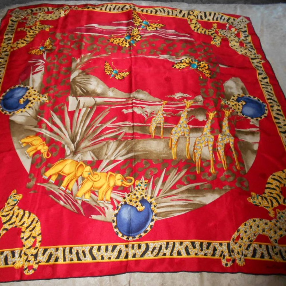 Vintage Panther de Cartier Red Silk Jewel Print Safari Scene Scarf